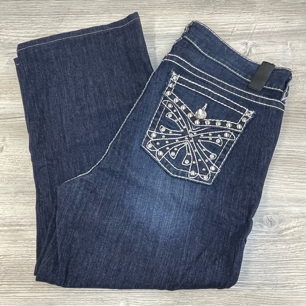 Women's Dark Blue Embellished Jean Carpri Sparkle Jeweled Touch Stitch Size 20